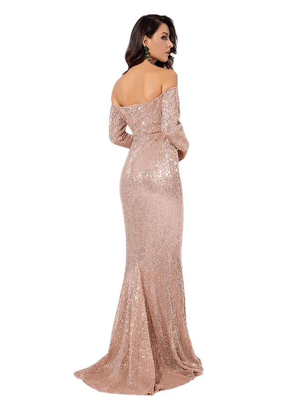 Gold Deep V Collar Long Sleeve Elastic Sequin Material Dress