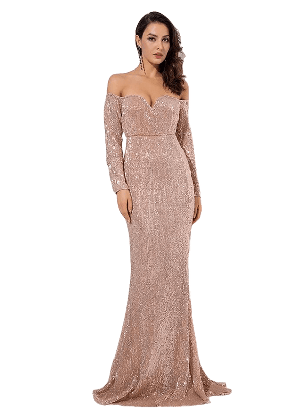 Gold Deep V Collar Long Sleeve Elastic Sequin Material Dress