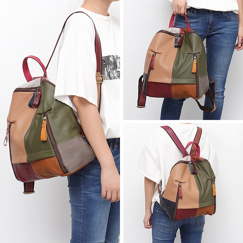 Vintage Functional Women's Patchwork Leather Knapsack For Travel School Secondary image