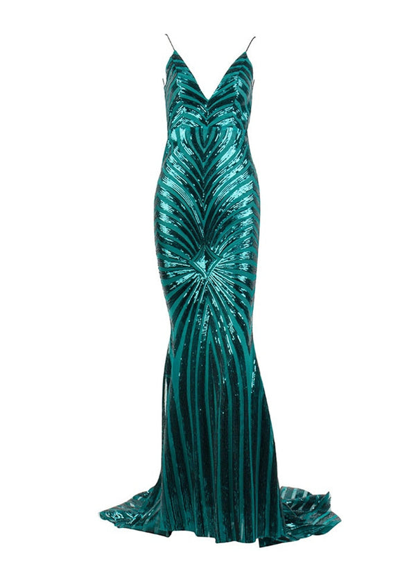 Sexy Green Deep V-neck Open Back Geometry Sequins Long Dress
