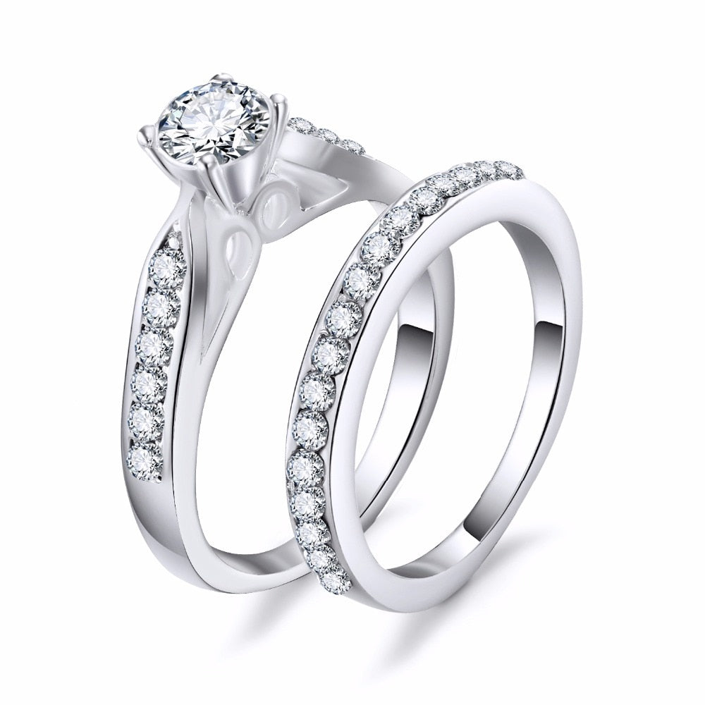 2Pcs/Lot Silver Double Rings Set Engagement Woman Cubic Zirconia Ring For Women Ladies Lover Party Wedding Jewelry - Sheseelady Main image