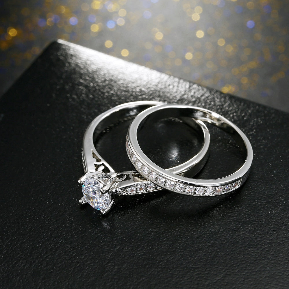 2Pcs/Lot Silver Double Rings Set Engagement Woman Cubic Zirconia Ring For Women Ladies Lover Party Wedding Jewelry - Sheseelady