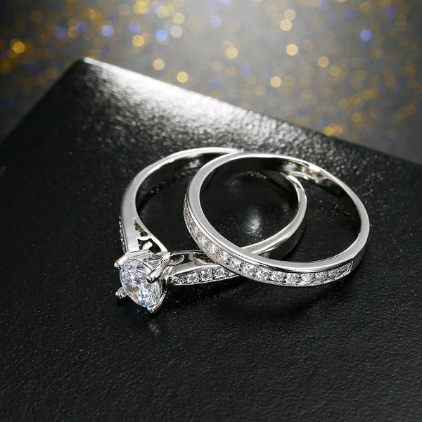 2Pcs/Lot Silver Double Rings Set Engagement Woman Cubic Zirconia Ring For Women Ladies Lover Party Wedding Jewelry - Sheseelady