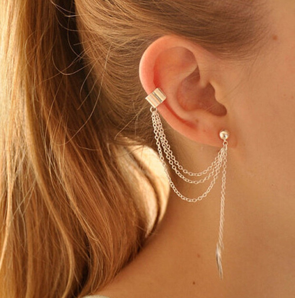 1Pc Little Gems Rhinestone Punk Rock Style Women Young Gift Leaf Chain Tassel Earrings Gold, Silver Main image