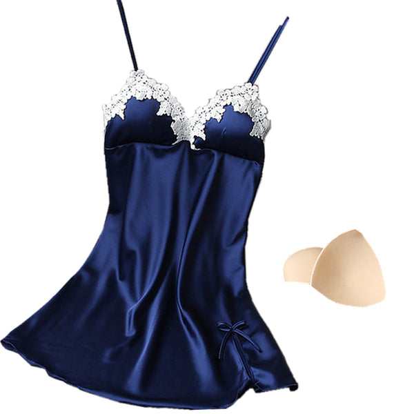 Ladies Sexy Nightdress Silk V-Neck Floral Sleepwear Lingerie Babydoll Nightgown Mini Sleeveless Women Sleepshirt With Padded Bra - Sheseelady