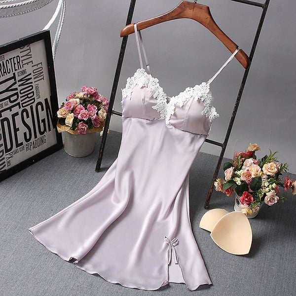 Ladies Sexy Nightdress Silk V-Neck Floral Sleepwear Lingerie Babydoll Nightgown Mini Sleeveless Women Sleepshirt With Padded Bra - Sheseelady