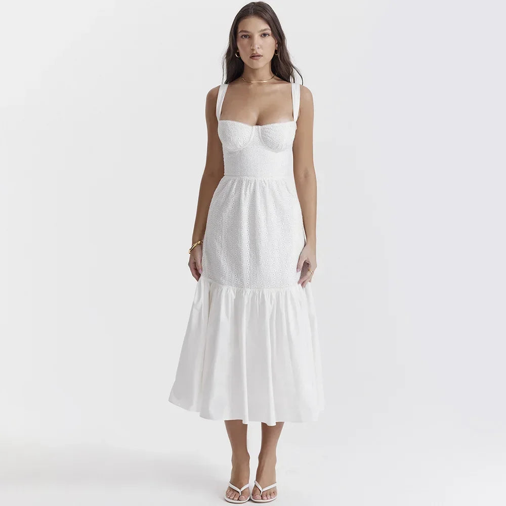 White Women's Summer Dress Linen-cotton Blend Jacquard Dress Elegant Sexy Midi Vacation Holiday Dress Secondary image