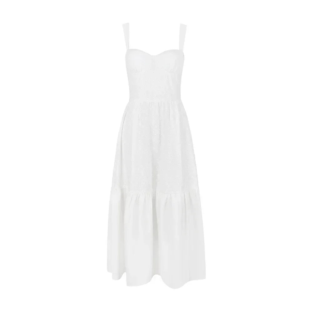 White Women's Summer Dress Linen-cotton Blend Jacquard Dress Elegant Sexy Midi Vacation Holiday Dress