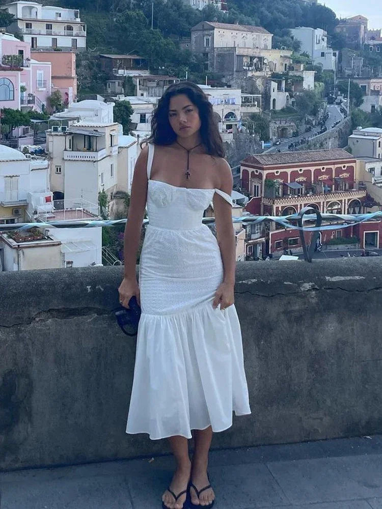 White Women's Summer Dress Linen-cotton Blend Jacquard Dress Elegant Sexy Midi Vacation Holiday Dress