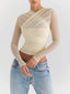 Sheer Mesh Long Sleeve Sexy T-shirt Women 2023 Autumn New V Neck Zipper Layered Skinny Club Party Sexy Tops