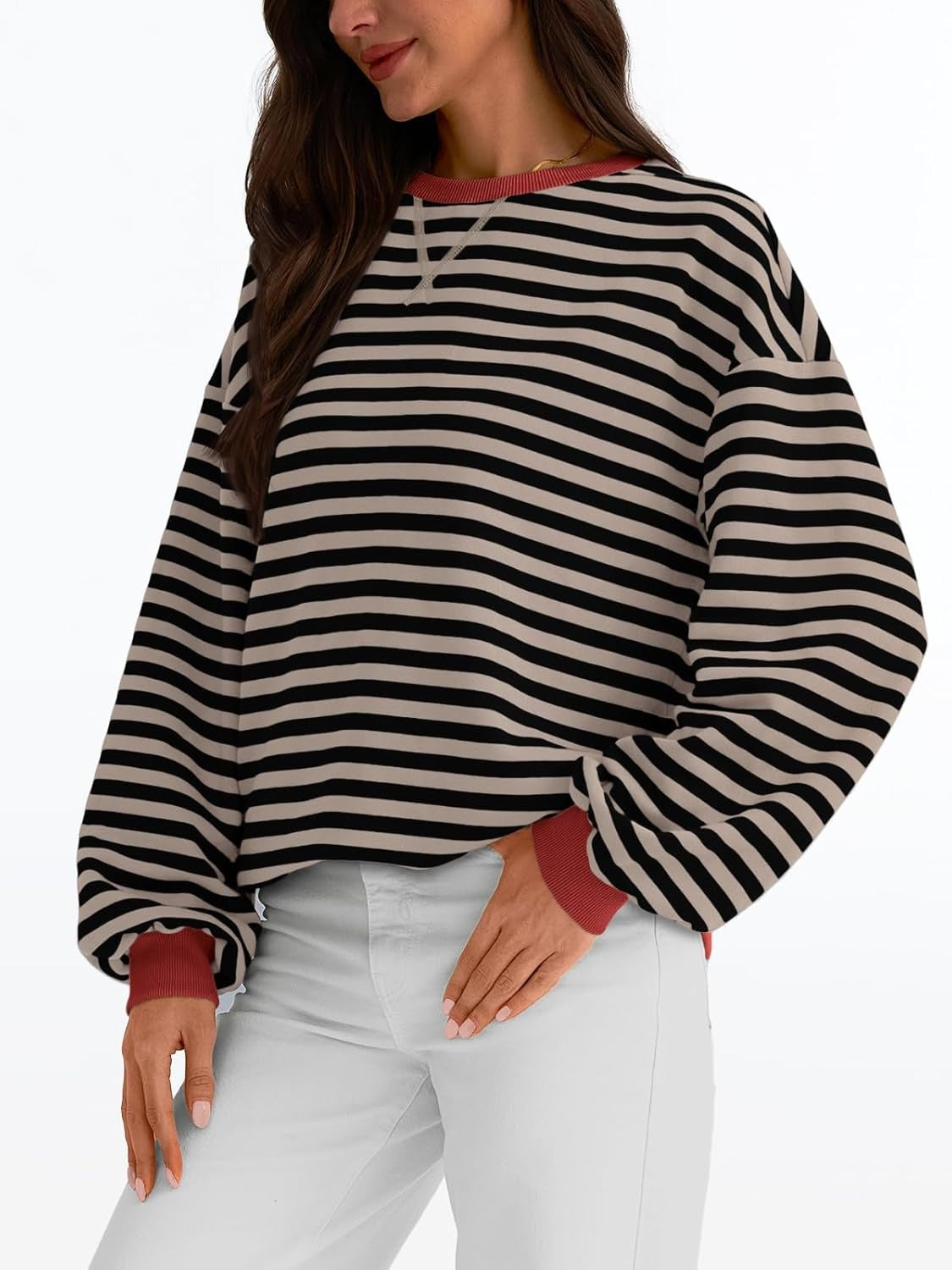 Women's Striped Crewneck Sweatshirt - Oversized Long Sleeve Casual Pullover Top