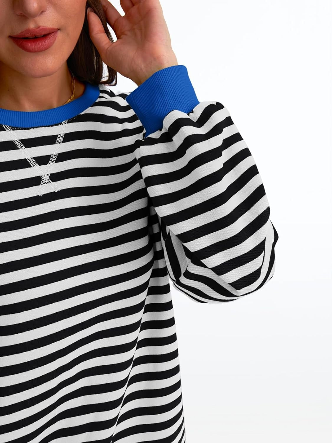 Women's Striped Crewneck Sweatshirt - Oversized Long Sleeve Casual Pullover Top