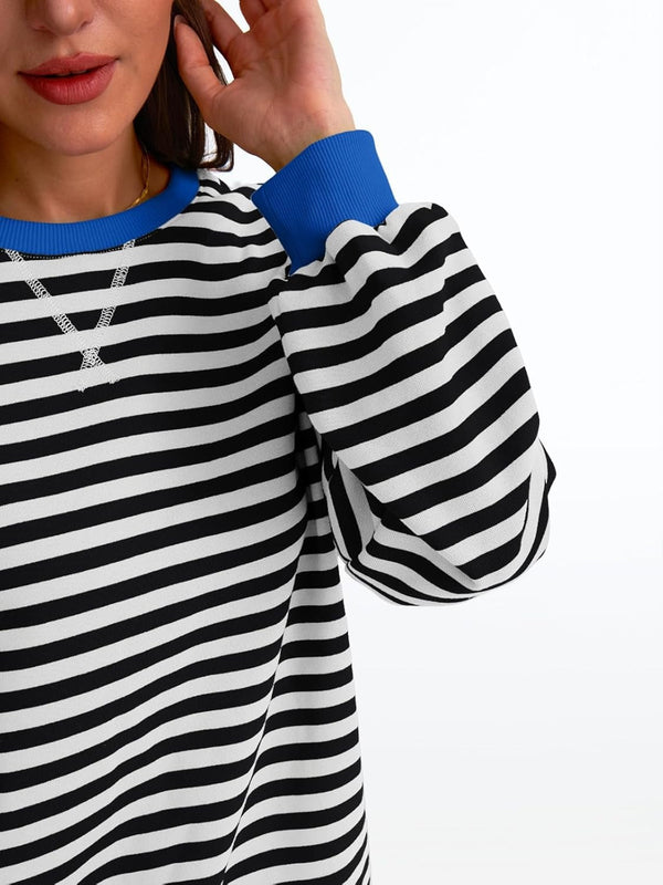 Women's Striped Crewneck Sweatshirt - Oversized Long Sleeve Casual Pullover Top