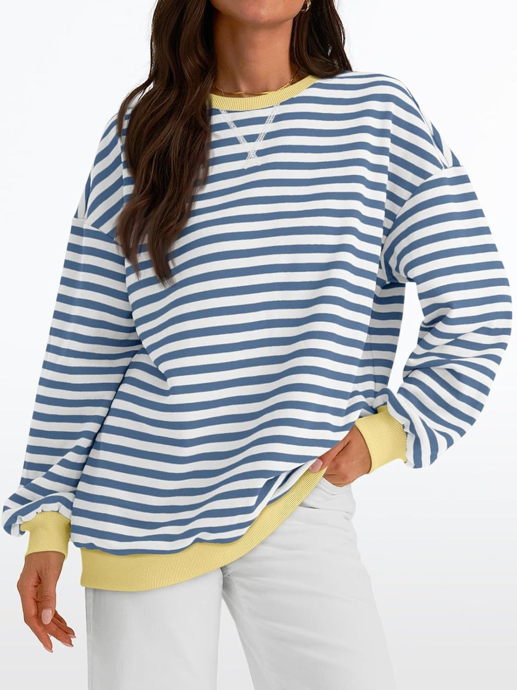 Women's Striped Crewneck Sweatshirt - Oversized Long Sleeve Casual Pullover Top