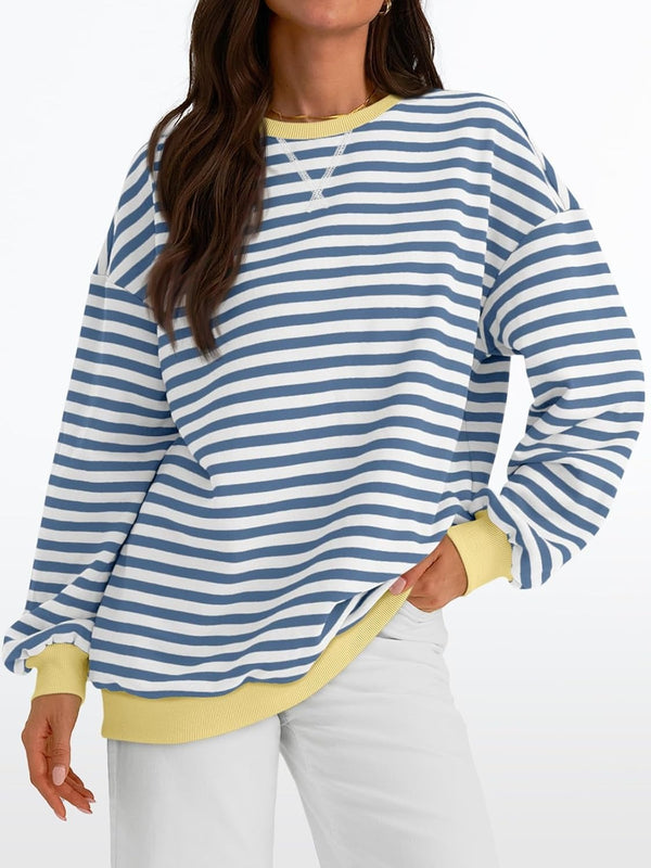 Women's Striped Crewneck Sweatshirt - Oversized Long Sleeve Casual Pullover Top