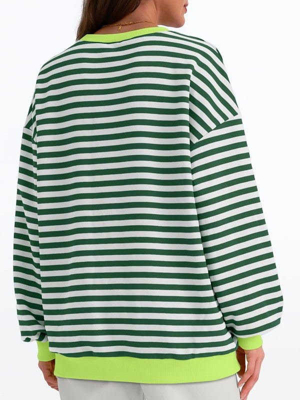 Women's Striped Crewneck Sweatshirt - Oversized Long Sleeve Casual Pullover Top
