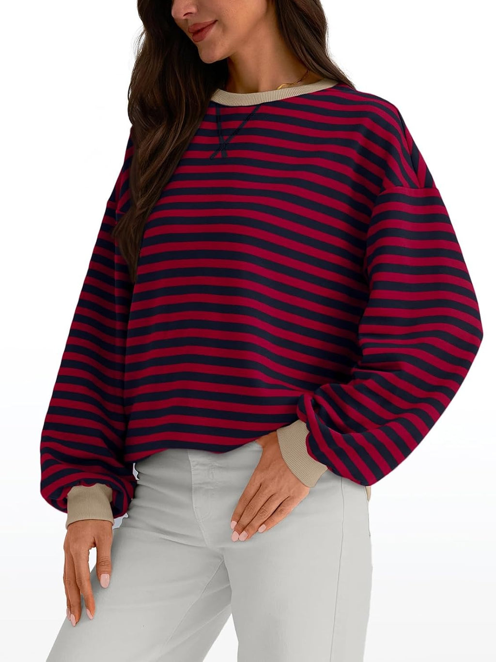 Women's Striped Crewneck Sweatshirt - Oversized Long Sleeve Casual Pullover Top