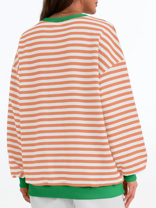 Women's Striped Crewneck Sweatshirt - Oversized Long Sleeve Casual Pullover Top