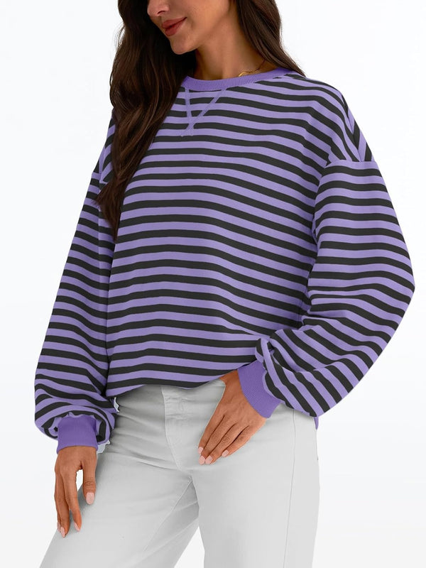Women's Striped Crewneck Sweatshirt - Oversized Long Sleeve Casual Pullover Top