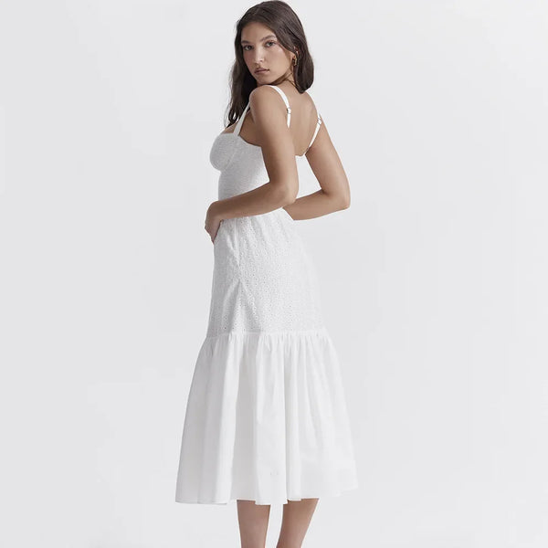 White Women's Summer Dress Linen-cotton Blend Jacquard Dress Elegant Sexy Midi Vacation Holiday Dress