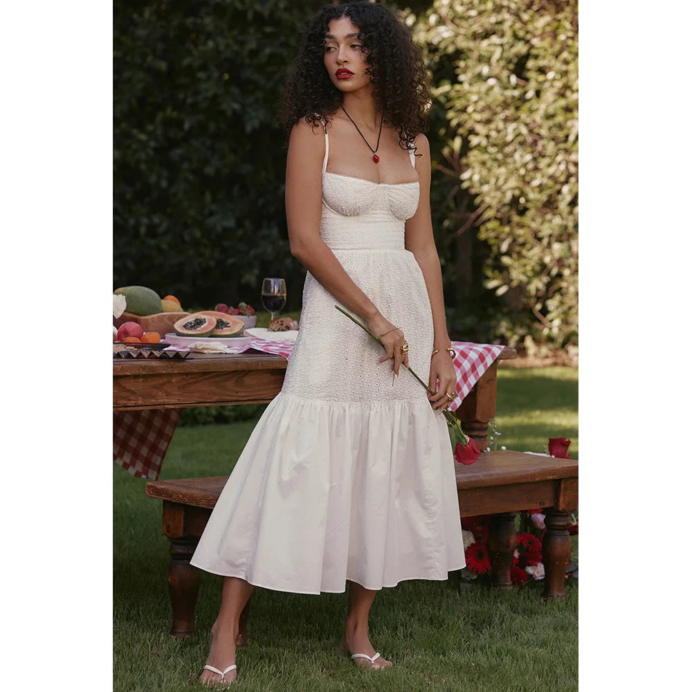 White Women's Summer Dress Linen-cotton Blend Jacquard Dress Elegant Sexy Midi Vacation Holiday Dress