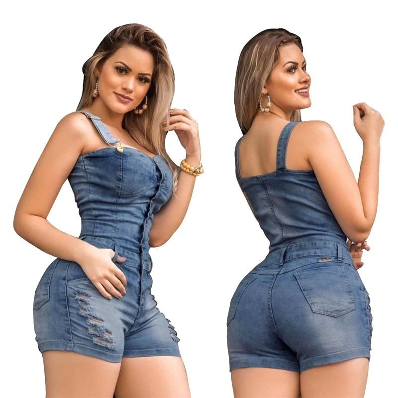 Shorts Style Slim Fit Sleeveless Denim Jumpsuit For Women Plus Size Main image