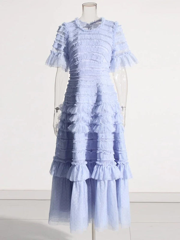Solid Dresses For Women O Neck Short Sleeve High Waist Spliced Folds Temperament Chic Dress Female Fashion Clothes
