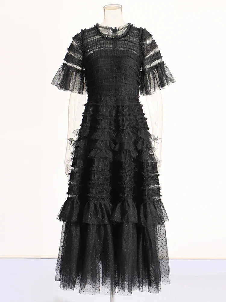 Solid Dresses For Women O Neck Short Sleeve High Waist Spliced Folds Temperament Chic Dress Female Fashion Clothes Secondary image