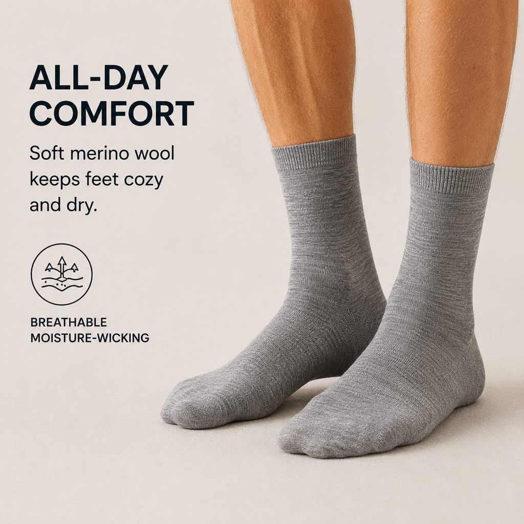 Viviplum Men's Premium Merino Wool Socks - Machine Washable, Anti-Odor & Breathable Crew Socks with LYCRA® Fiber (4 Pairs)