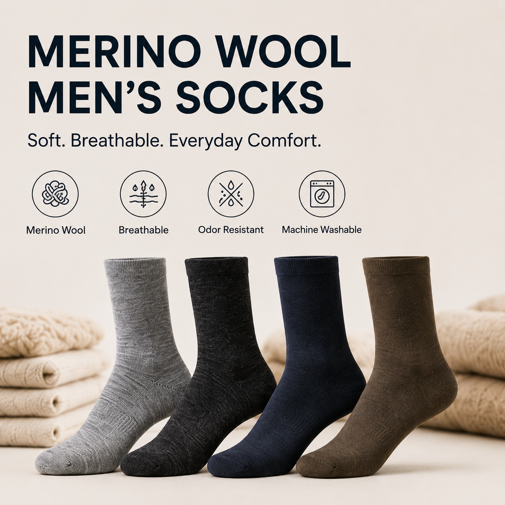 Viviplum Men's Premium Merino Wool Socks - Machine Washable, Anti-Odor & Breathable Crew Socks with LYCRA® Fiber (4 Pairs)