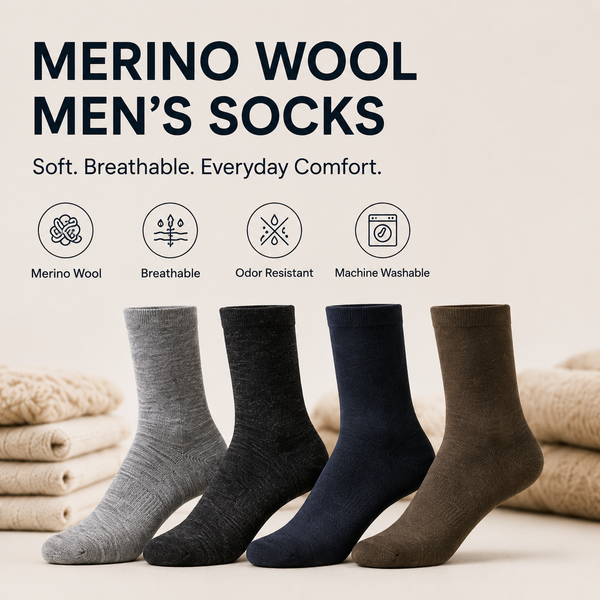 Viviplum Men's Premium Merino Wool Socks - Machine Washable, Anti-Odor & Breathable Crew Socks with LYCRA® Fiber (4 Pairs)