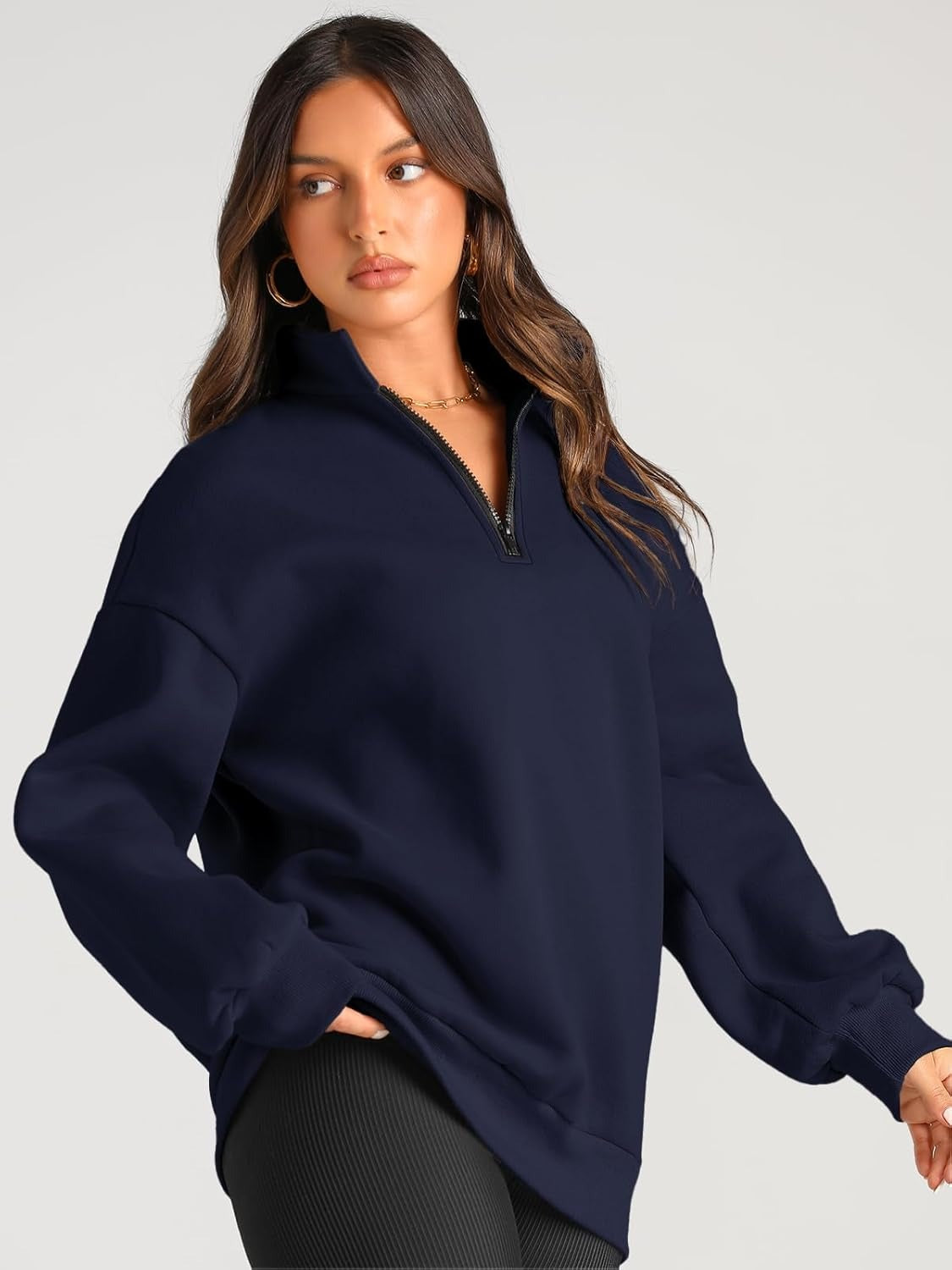 Women’s Oversized Half-Zip Pullover – Cozy Fleece Hoodie with Drop Shoulder & Quarter-Zip Design – Casual Fall and Winter Sweatshirt