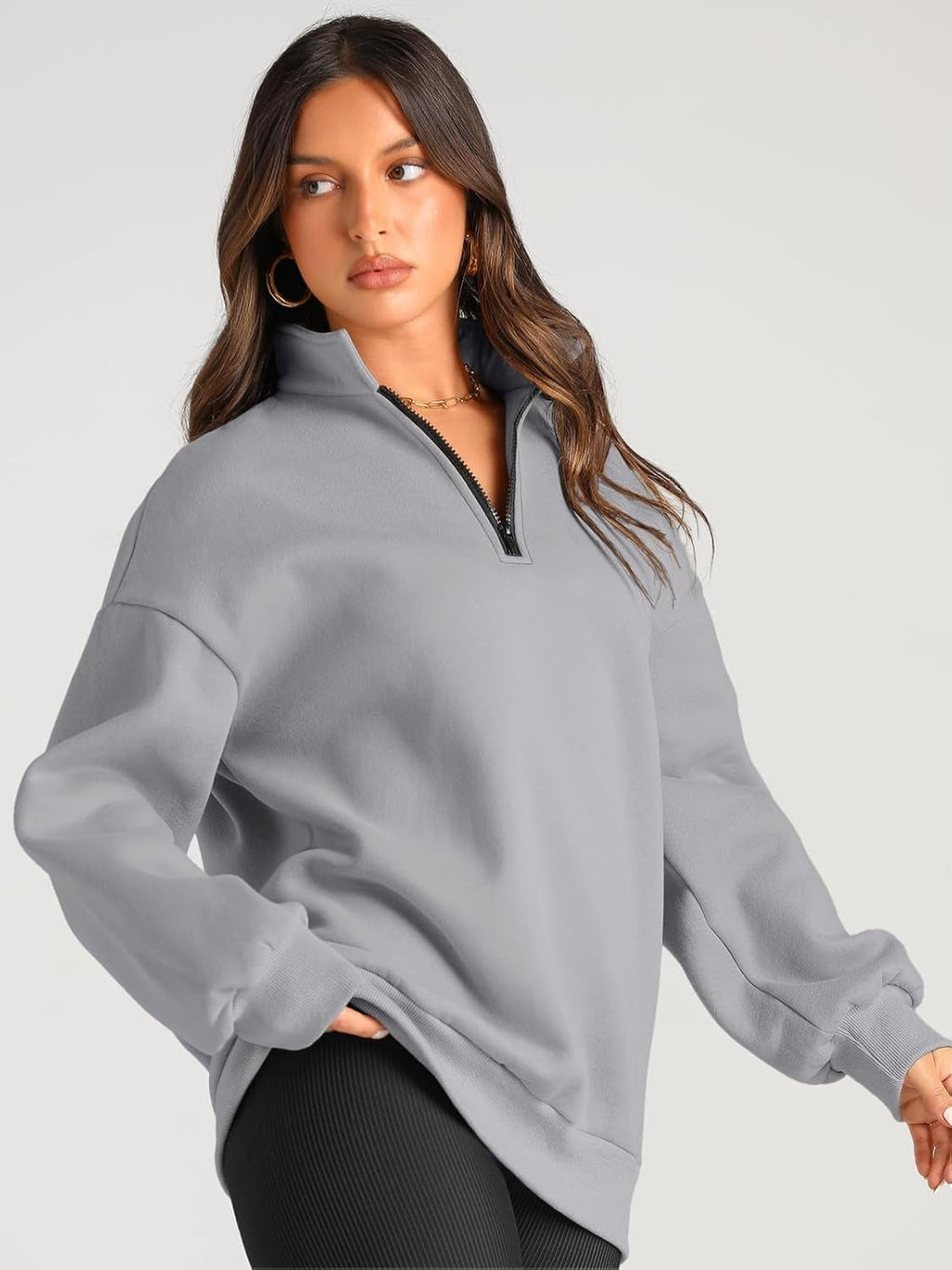 Women’s Oversized Half-Zip Pullover – Cozy Fleece Hoodie with Drop Shoulder & Quarter-Zip Design – Casual Fall and Winter Sweatshirt