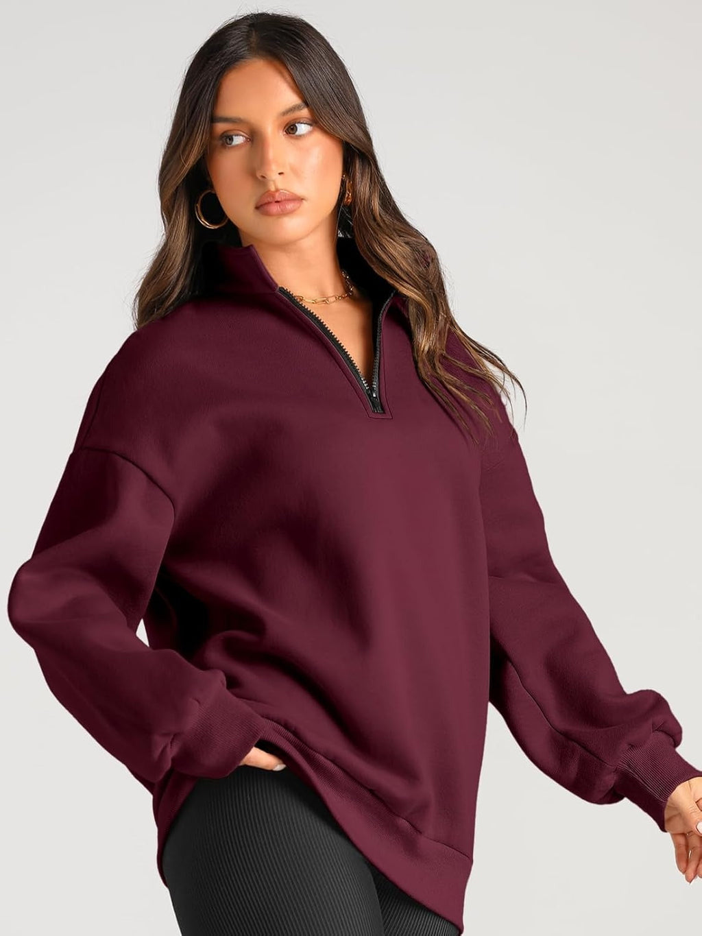 Women’s Oversized Half-Zip Pullover – Cozy Fleece Hoodie with Drop Shoulder & Quarter-Zip Design – Casual Fall and Winter Sweatshirt