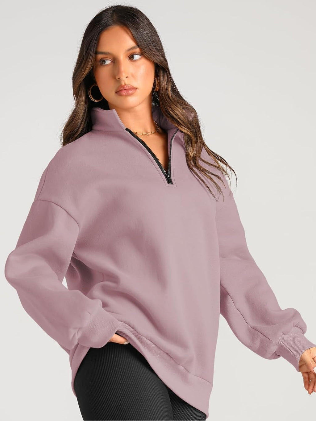 Women’s Oversized Half-Zip Pullover – Cozy Fleece Hoodie with Drop Shoulder & Quarter-Zip Design – Casual Fall and Winter Sweatshirt