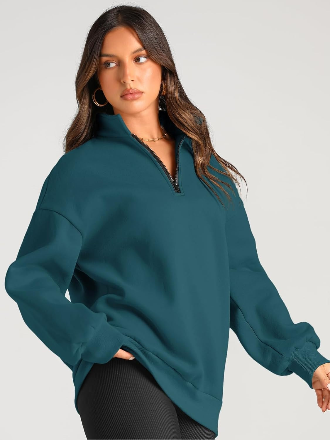 Women’s Oversized Half-Zip Pullover – Cozy Fleece Hoodie with Drop Shoulder & Quarter-Zip Design – Casual Fall and Winter Sweatshirt