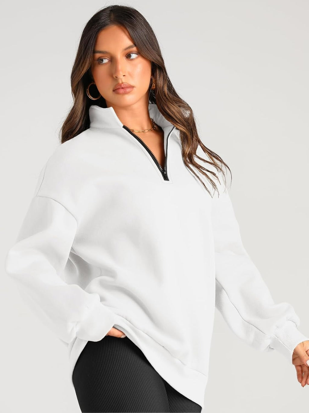 Women’s Oversized Half-Zip Pullover – Cozy Fleece Hoodie with Drop Shoulder & Quarter-Zip Design – Casual Fall and Winter Sweatshirt