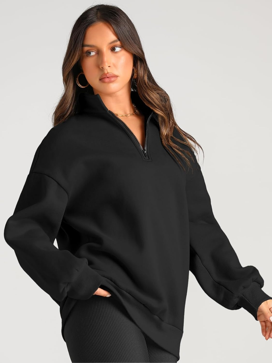 Women’s Oversized Half-Zip Pullover – Cozy Fleece Hoodie with Drop Shoulder & Quarter-Zip Design – Casual Fall and Winter Sweatshirt