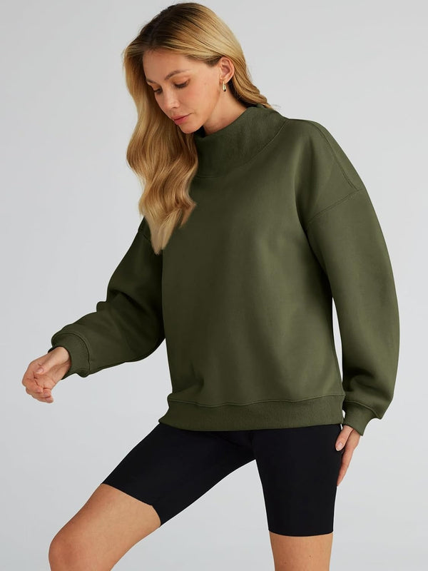 Women's Turtleneck Sweatshirt - Oversized Drop Shoulder Pullover with Fleece Lining