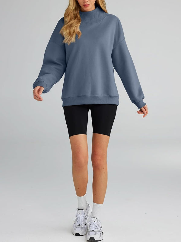 Women's Turtleneck Sweatshirt - Oversized Drop Shoulder Pullover with Fleece Lining