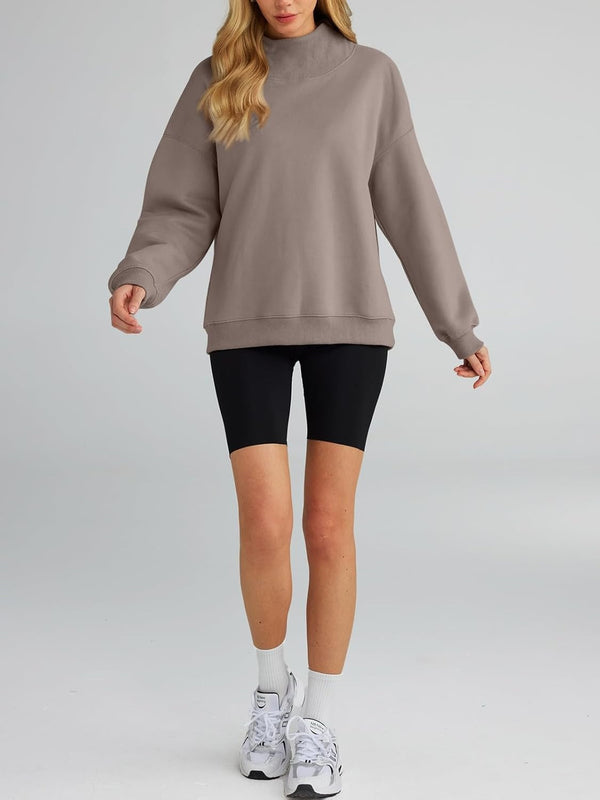 Women's Turtleneck Sweatshirt - Oversized Drop Shoulder Pullover with Fleece Lining