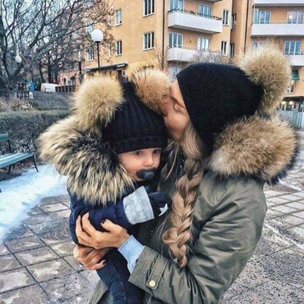 Winter Warm Knitted Wool Hat with Double Hairball Earmuffs for Women & Kids - Cute Beanie Cap Secondary image