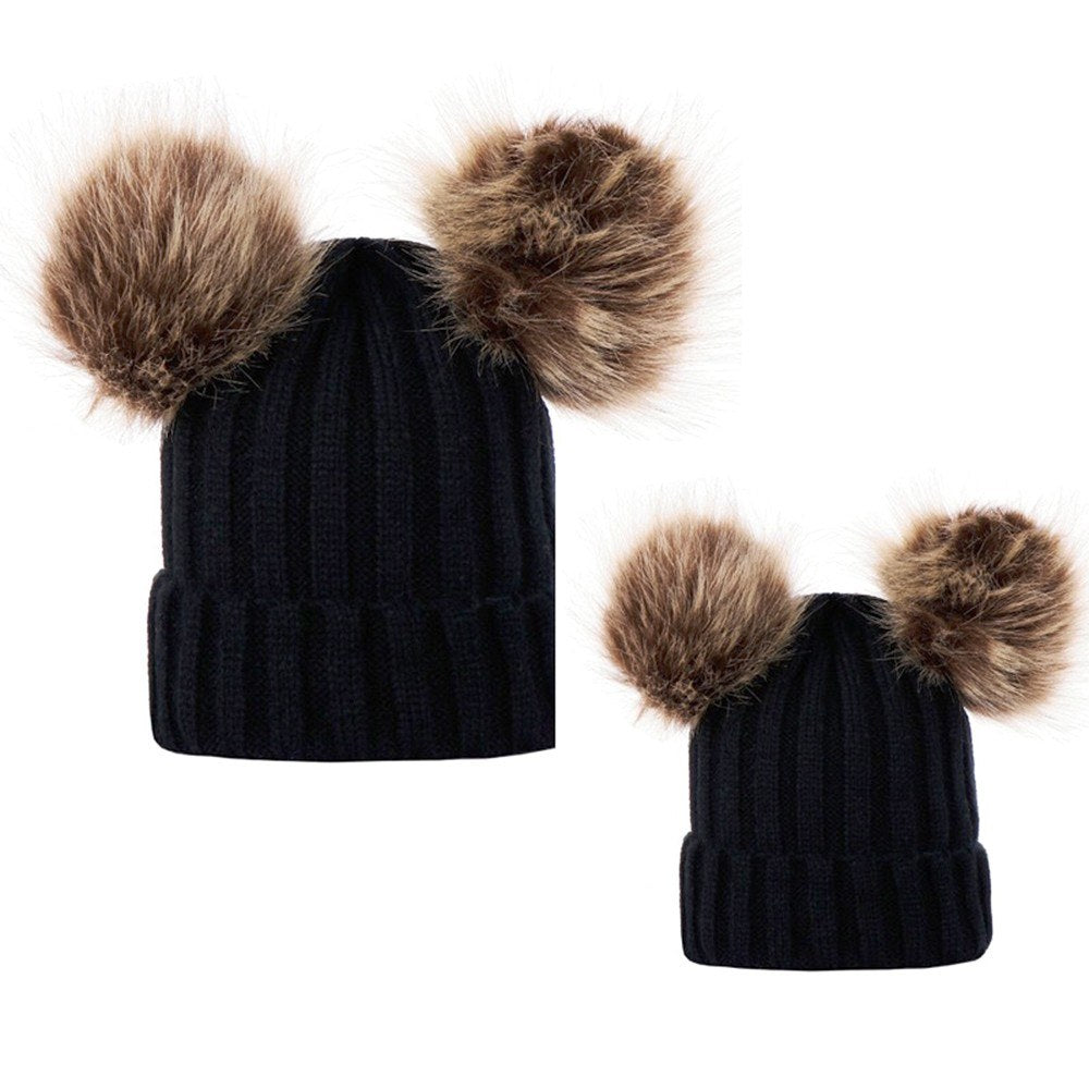 Winter Warm Knitted Wool Hat with Double Hairball Earmuffs for Women & Kids - Cute Beanie Cap Main image