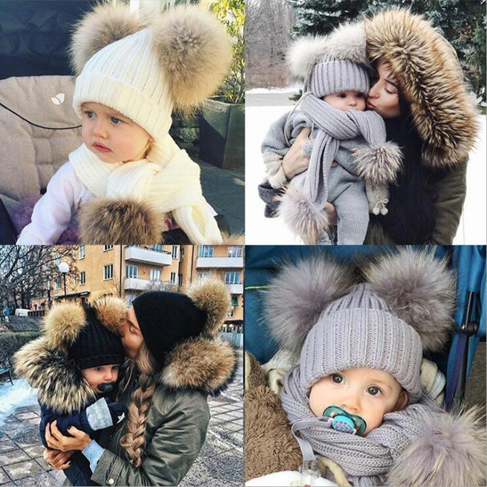 Infant Toddler Knitted Wool Scarf with Pom Poms - Winter Warm Ribbed Design Secondary image