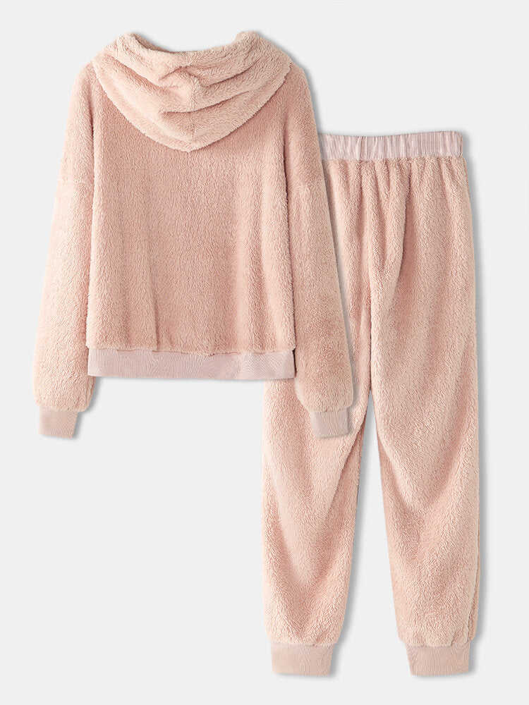 Women Soft Solid Color Hoodie Pocket Elastic Waist Jogger Pants Home Plush Pajama Set