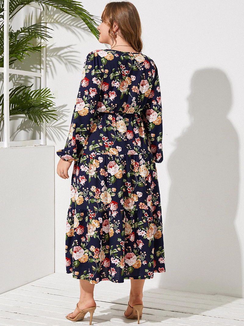 Plus Size Round Neck Floral Print Long Sleeves Dress