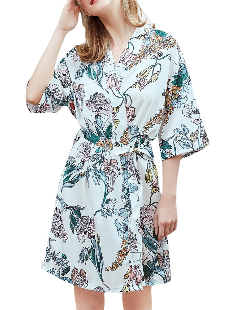 Plus Size Floral Print Half Sleeve Faux Silk Sleepwear Robe for Women