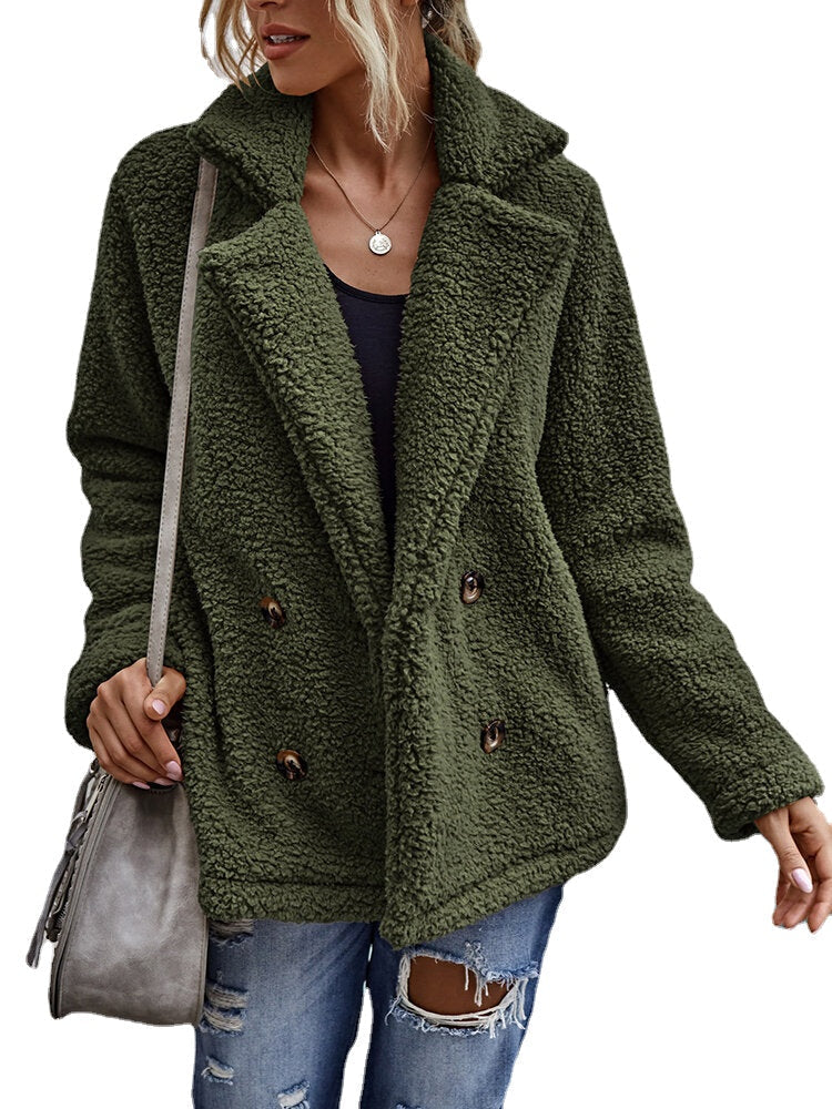 Women Solid Color Double Breasted Plush Warm Coat With Pocket Secondary image
