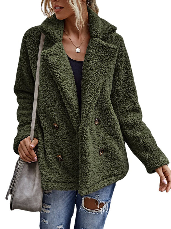 Women Solid Color Double Breasted Plush Warm Coat With Pocket