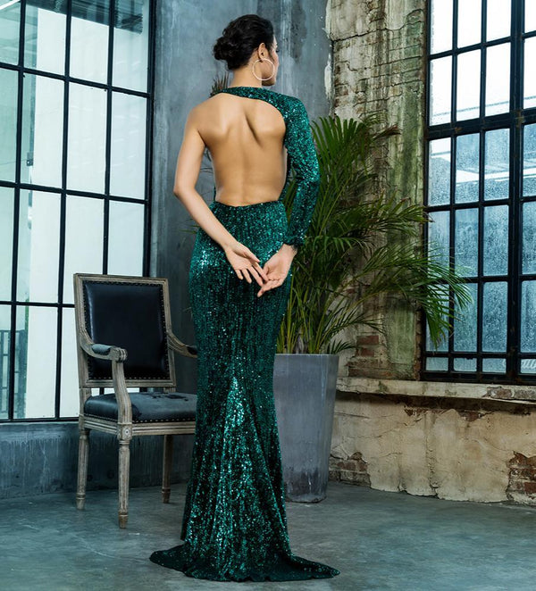 Love&Lemonade Open Back Separate Sleeve Elastic Sequins Long Dress LM81333-1 Autumn/Winter